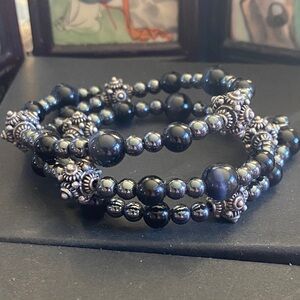 Elegant Black and Silver Tone Coil Beaded Bracelet